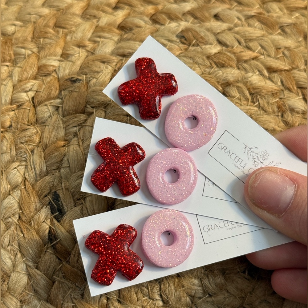 XO Polymer Clay Valentines Day Earrings Studs Asymmetrical